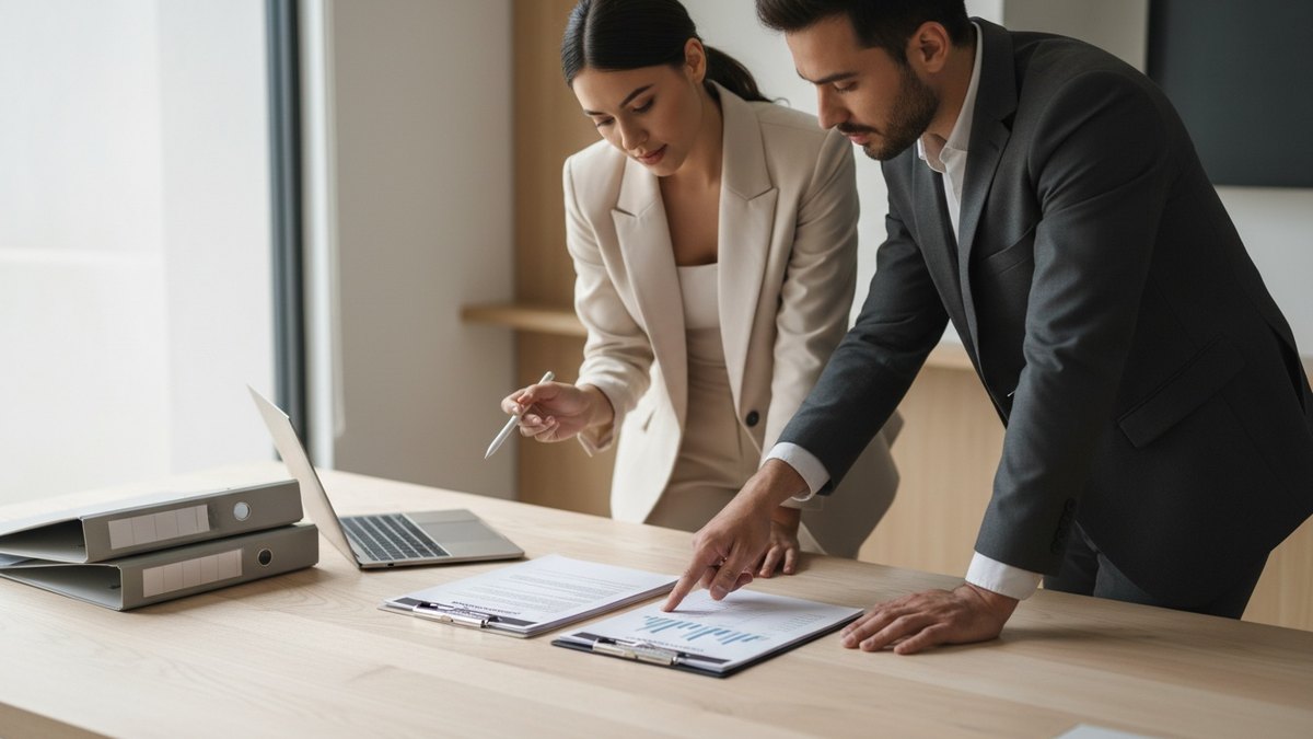 Deux professionnels examinant des documents de conformité dans un bureau lumineux