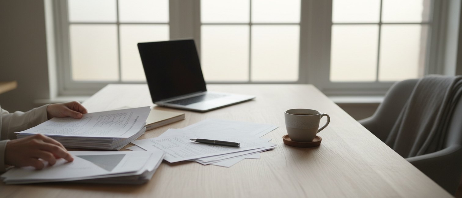 Bureau avec documents réglementaires, ordinateur et mains en train de trier des dossiers