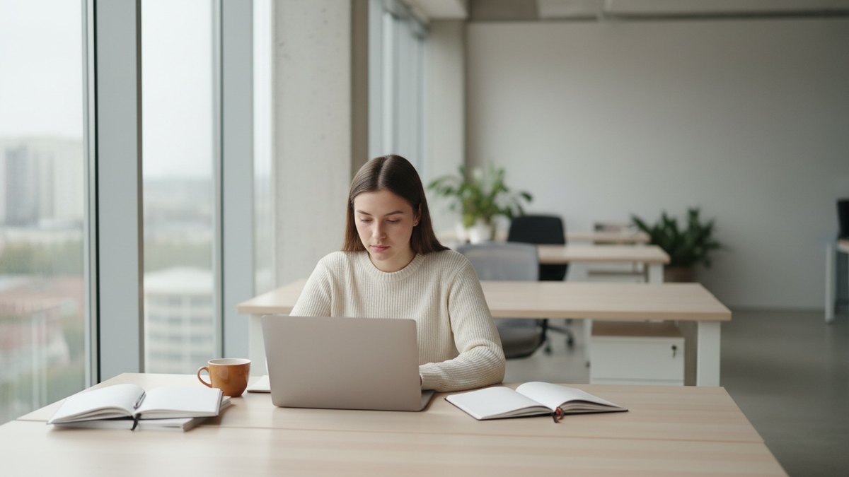 Jeune alternante en marketing travaillant sur son ordinateur dans un bureau bordelais lumineux