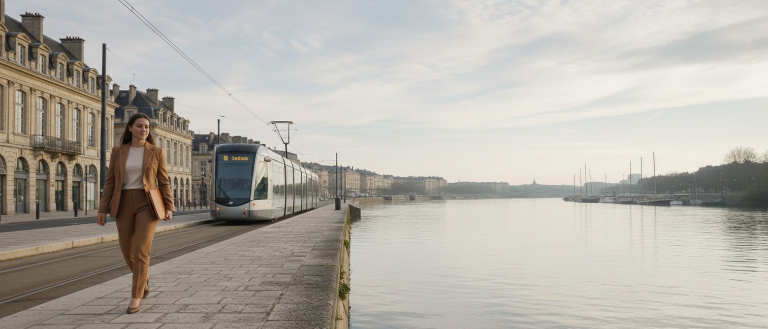 Jeune candidat à une alternance marketing marchant sur les quais de Bordeaux