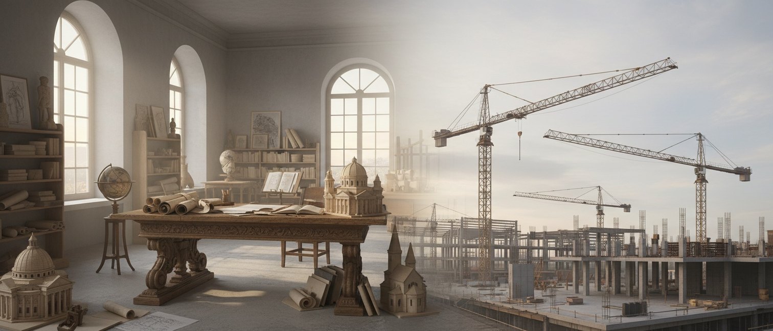 Vue panoramique d'un atelier de la Renaissance avec des croquis et des maquettes, et en arrière-plan un chantier moderne