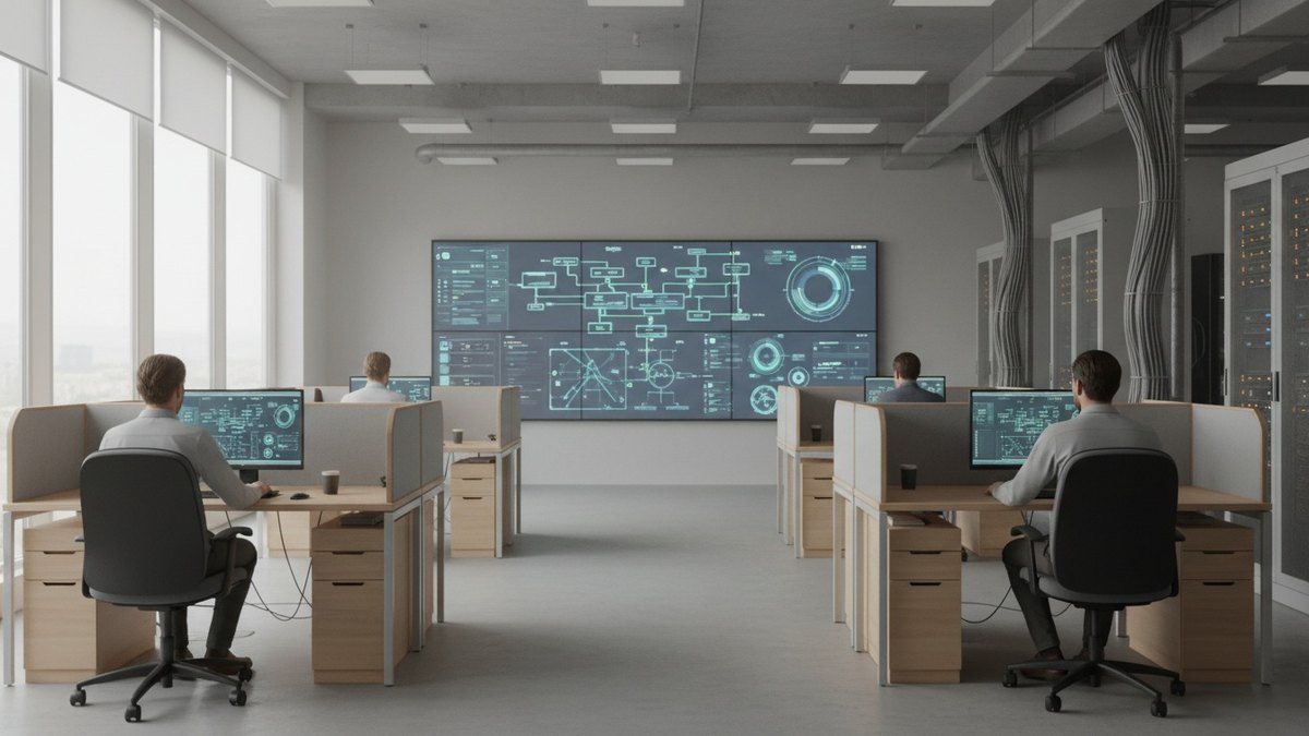 Salle de supervision où des analystes consultent des flux de données sur de grands écrans