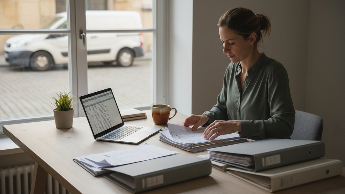 Entrepreneur indépendant classant ses documents comptables à son bureau