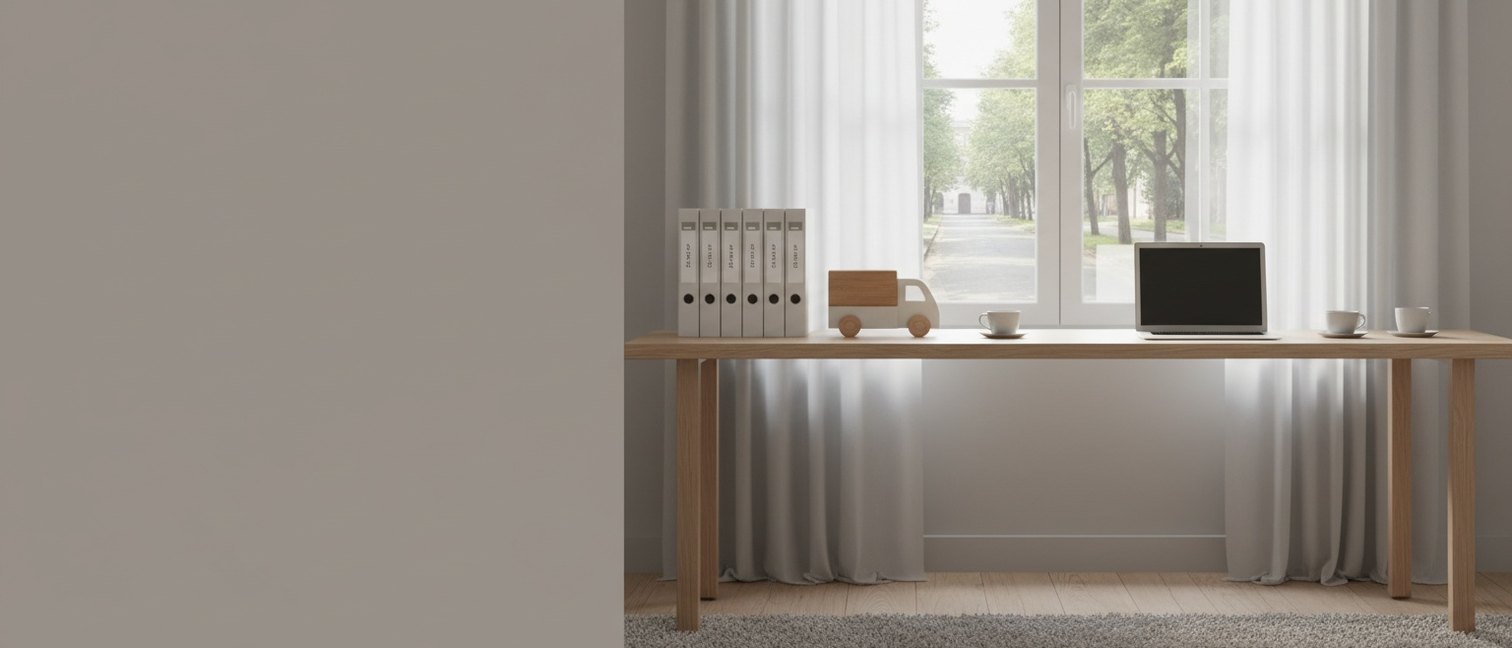 Bureau d'entrepreneur avec ordinateur, dossiers comptables et véhicule utilitaire miniature