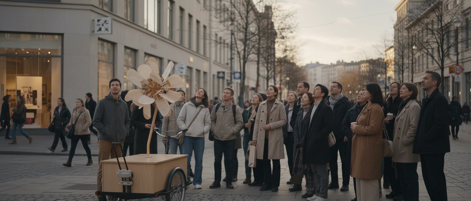 Coin de rue animé avec un dispositif publicitaire mobile inattendu entouré de passants curieux