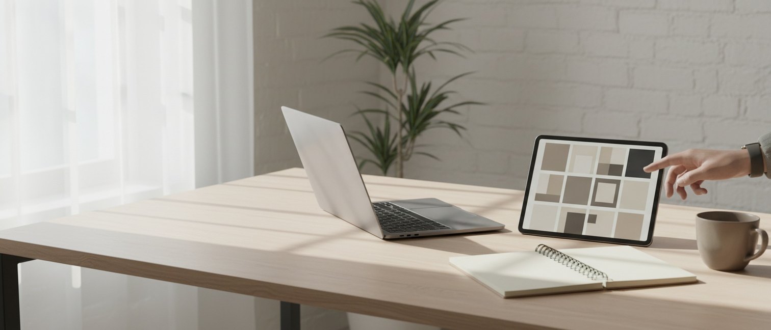 Bureau de travail avec ordinateur portable, tablette et carnet dans une lumière matinale