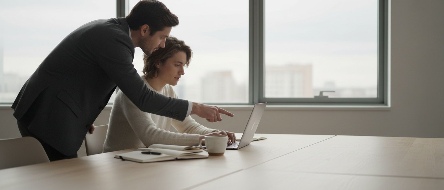 Deux professionnels échangeant devant un ordinateur portable dans un bureau lumineux