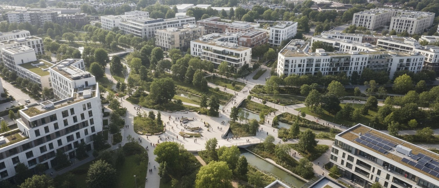 Vue aérienne d'un quartier urbain animé avec des espaces verts et des mobilités douces